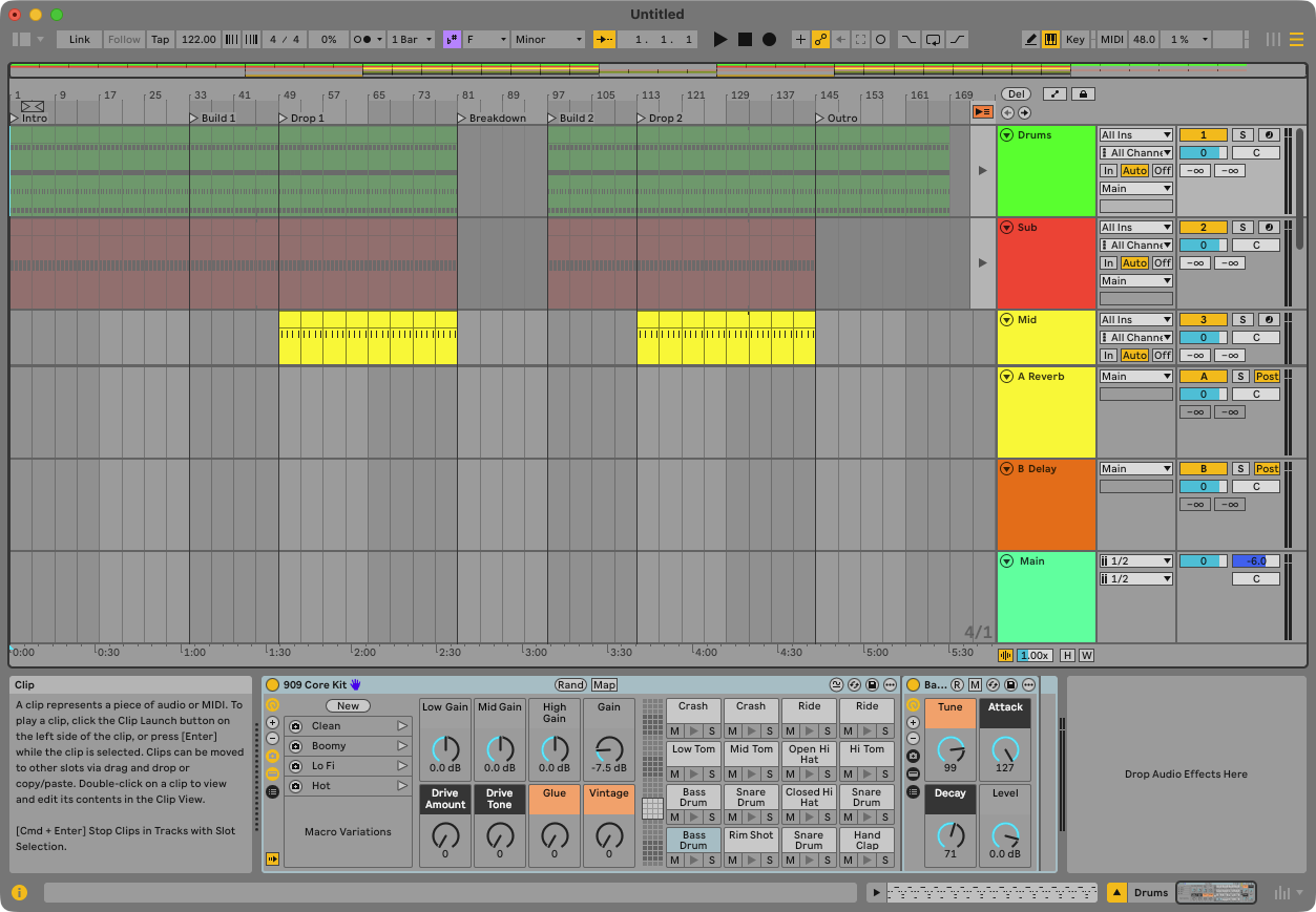 Ableton Live Arrangement view after lesson 8, showing seven sections of clips across drums, bass, pad, lead, arp, noise, and vocal tracks
