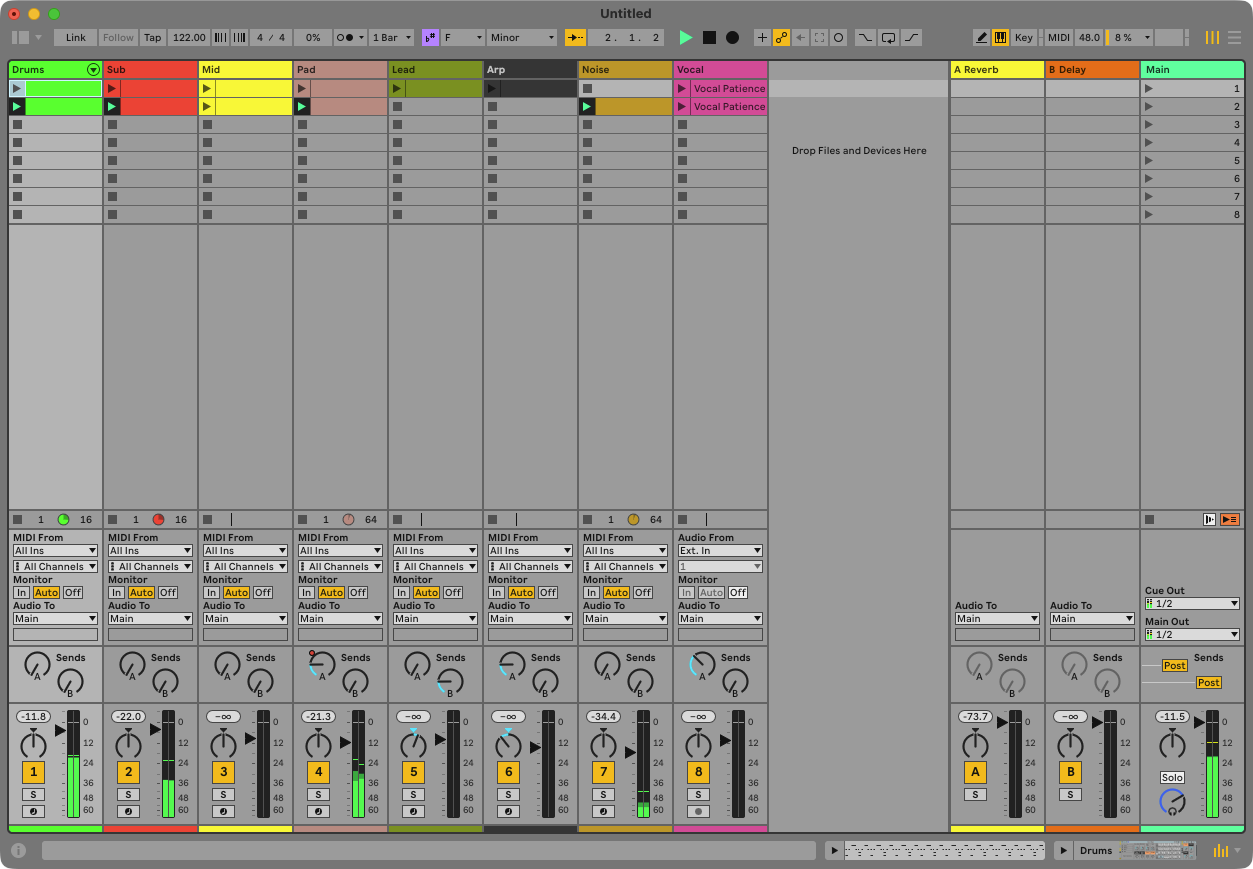Ableton Live Mixer view after lesson 10, showing per-track volume, sends, and monitoring for every track in the Set
